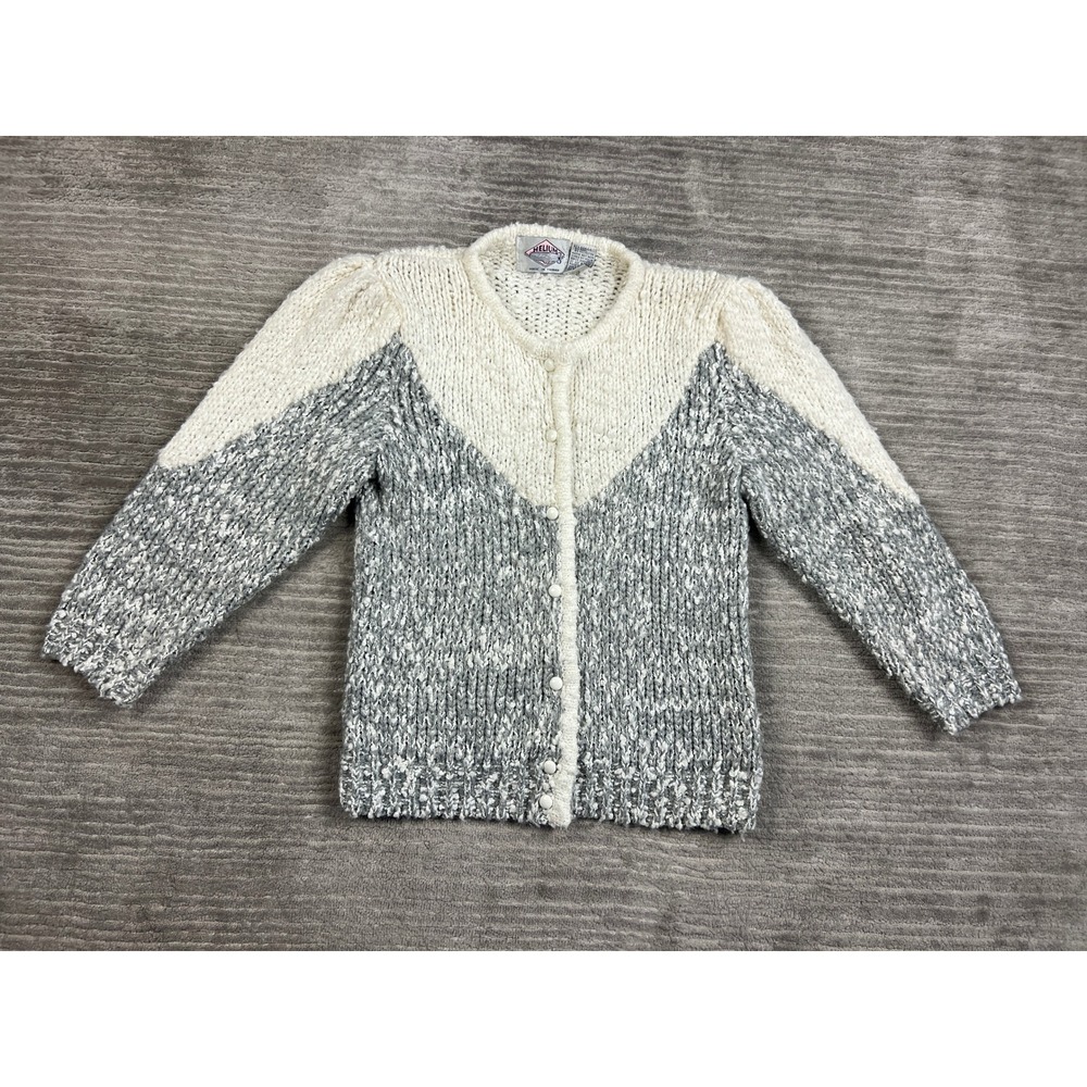 Helium Cardigan Women M Grey Cream Vintage 80s Chunky‎ Knit Puff Sleeve Chevron